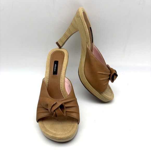 Vintage 00s Y2K Xhilaration Tan Faux Leather Wooden Block Heel Open Toe Pumps 8 - Picture 1 of 16